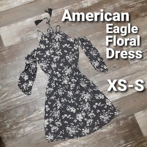 NEW American Eagle Floral Halter Fit & Flare Mini Dress W/ Back Cutout & Tassels